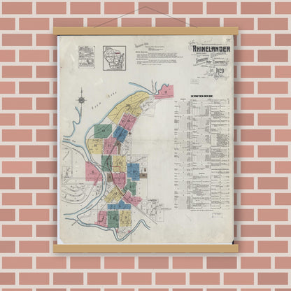 Old map wall art mockup — magnetic wood frame on brick wall — Sanborn Fire Insurance Map from Rhinelander, Oneida County, Wisconsin (1920), Sheet #0001