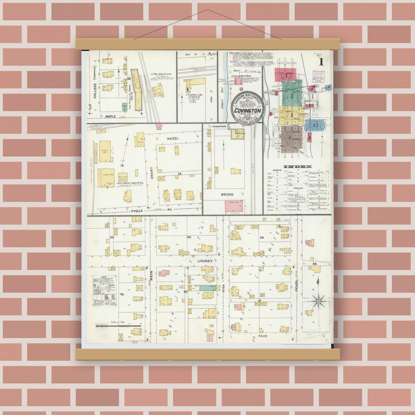 Old map wall art mockup — magnetic wood frame on brick wall — Sanborn Fire Insurance Map from Covington, Miami County, Ohio (1905) - Complete Map Set