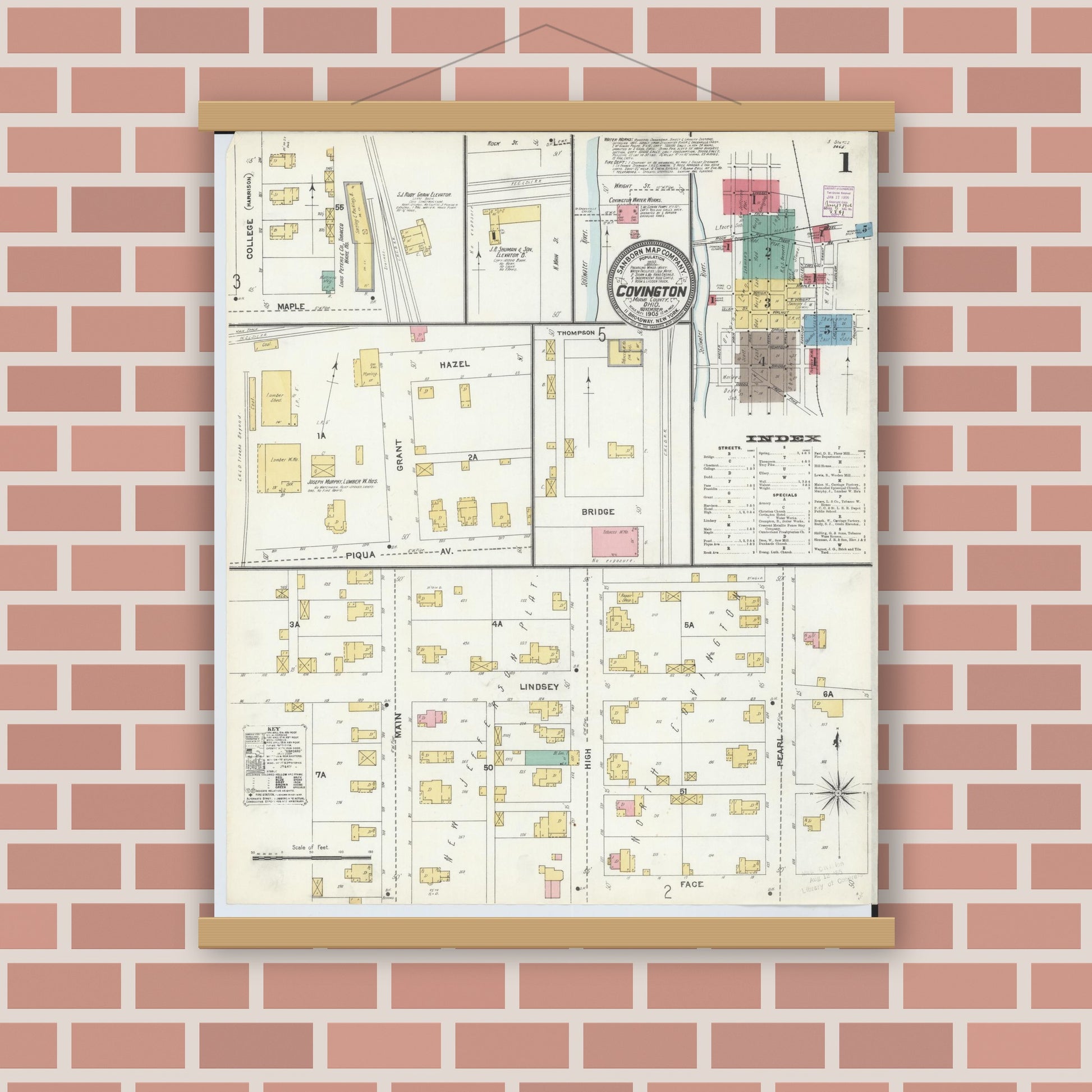 Old map wall art mockup — magnetic wood frame on brick wall — Sanborn Fire Insurance Map from Covington, Miami County, Ohio (1905) - Complete Map Set