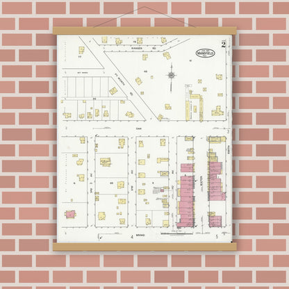 Old map wall art mockup — magnetic wood frame on brick wall — Sanborn Fire Insurance Map from Mansfield, Tarrant County, Texas (1921), Sheet #0002