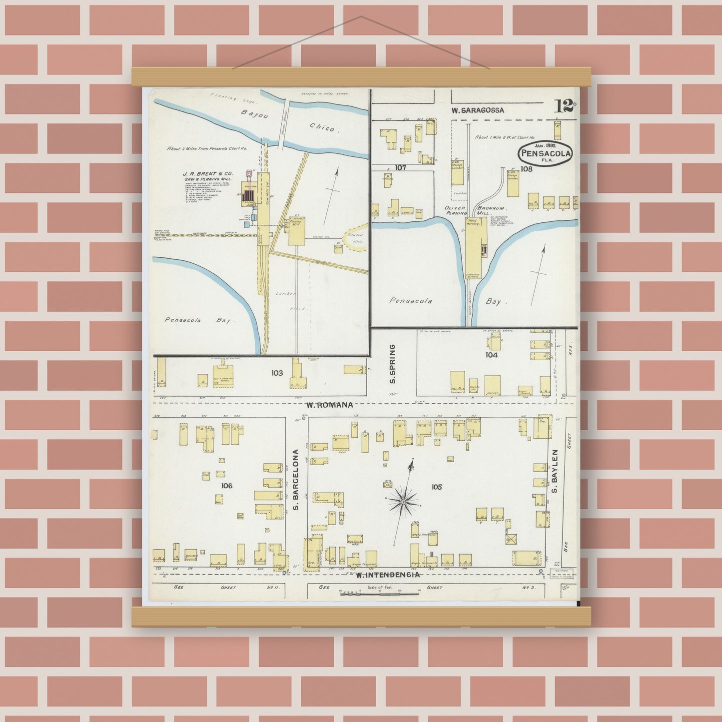 Old map wall art mockup — magnetic wood frame on brick wall — Sanborn Fire Insurance Map from Pensacola, Escambia County, Florida (1892), Sheet #0012