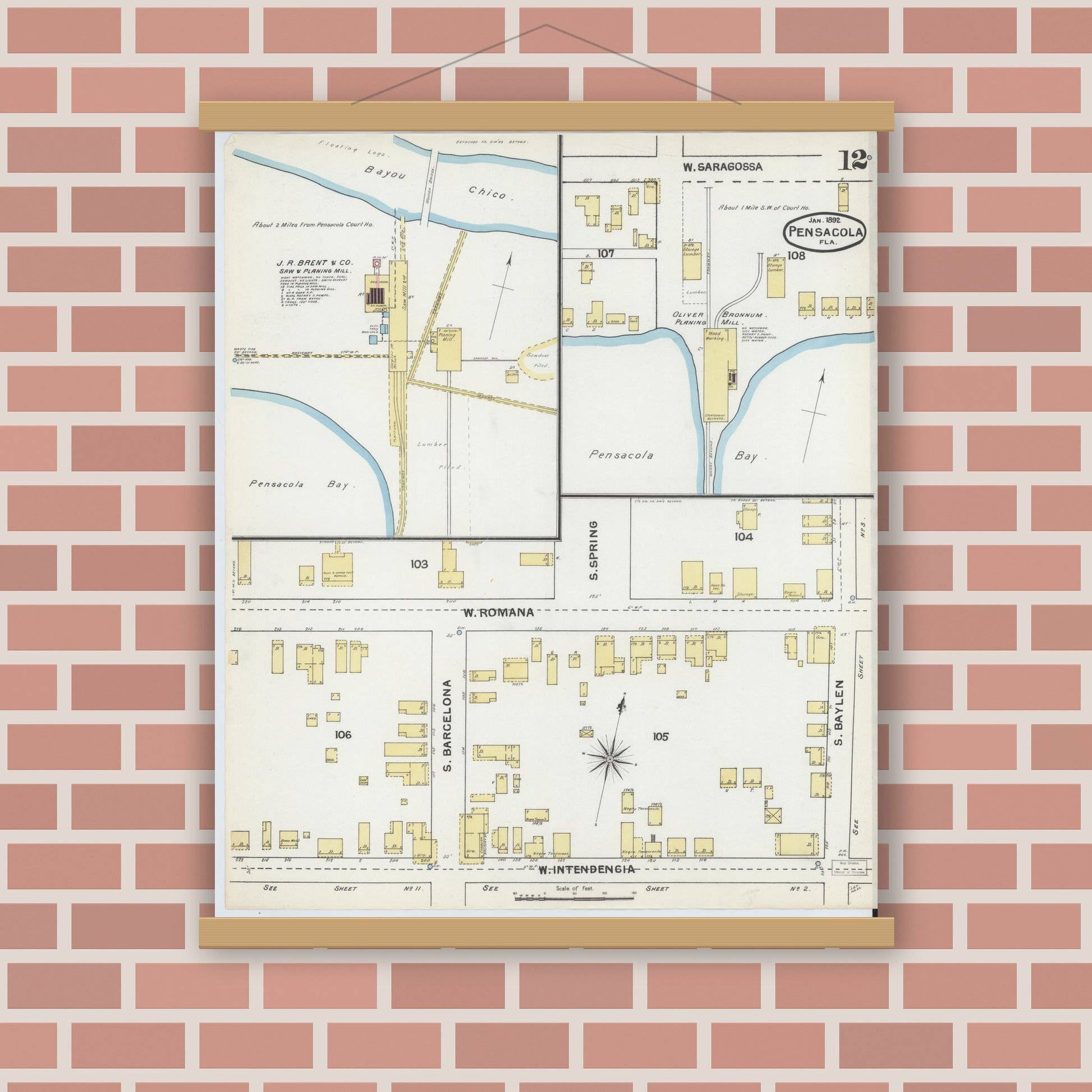 Old map wall art mockup — magnetic wood frame on brick wall — Sanborn Fire Insurance Map from Pensacola, Escambia County, Florida (1892), Sheet #0012