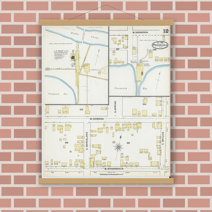 Old map wall art mockup — magnetic wood frame on brick wall — Sanborn Fire Insurance Map from Pensacola, Escambia County, Florida (1892), Sheet #0012