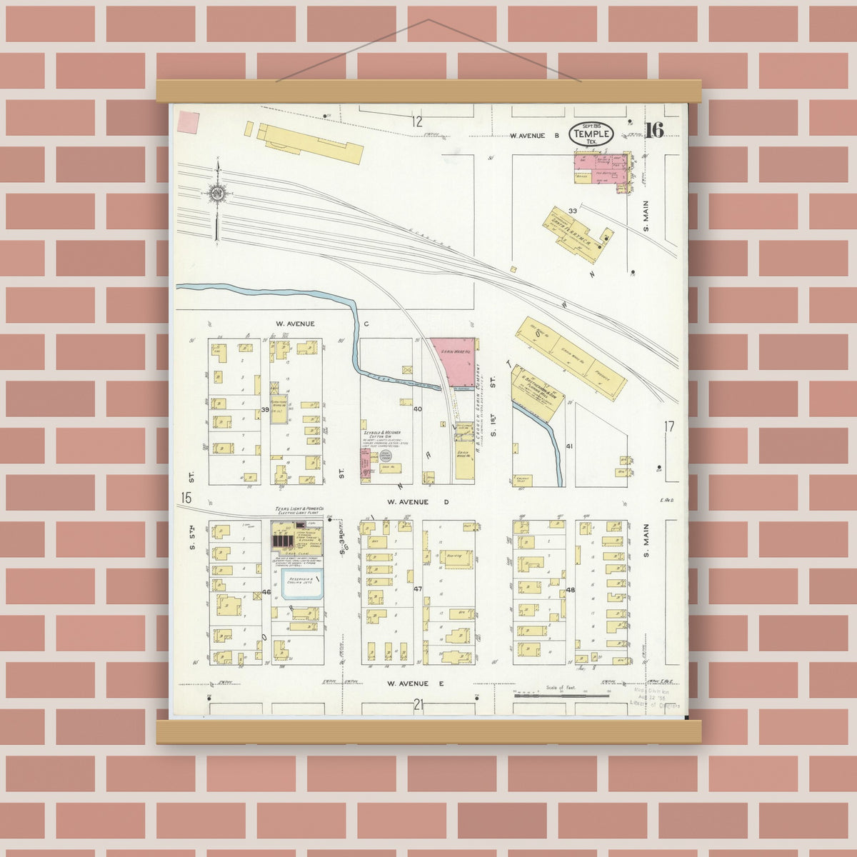 Old map wall art mockup — magnetic wood frame on brick wall — Sanborn Fire Insurance Map from Temple, Bell County, Texas (1915), Sheet #0016
