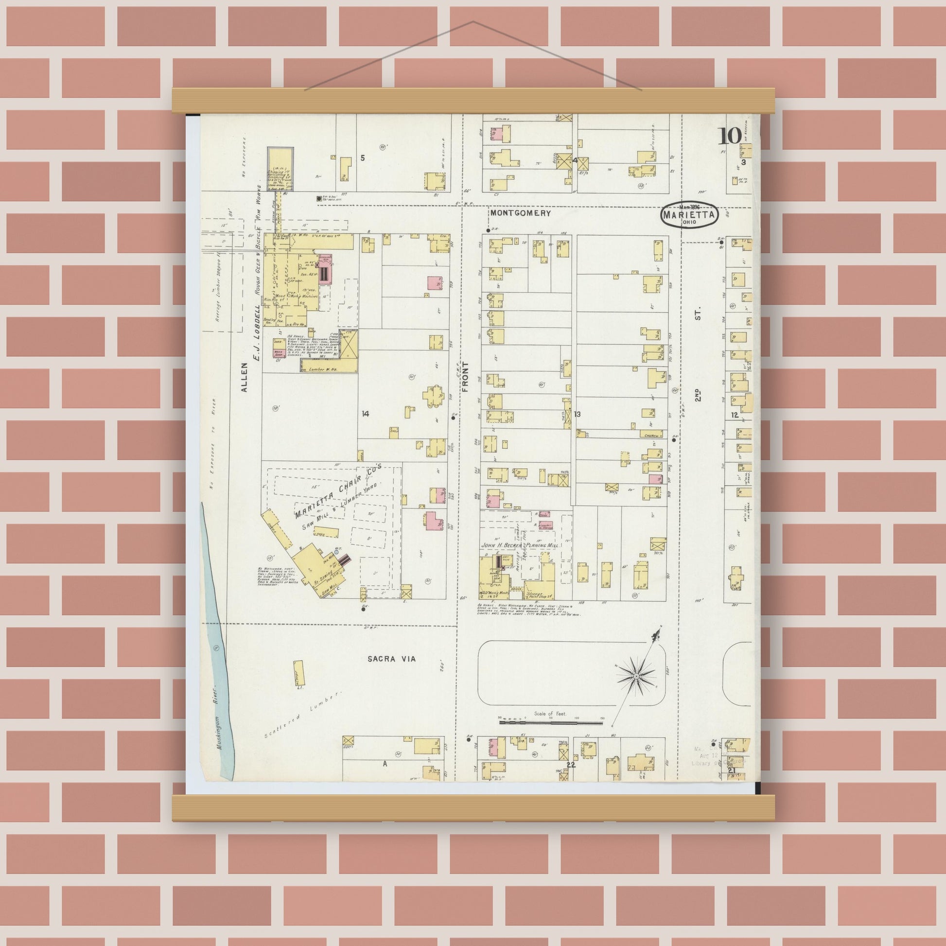 Old map wall art mockup — magnetic wood frame on brick wall — Sanborn Fire Insurance Map from Marietta, Washington County, Ohio (1896), Sheet #0010