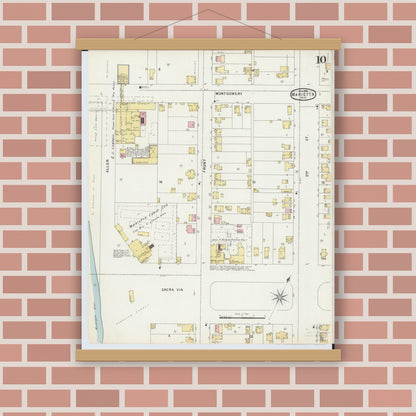 Old map wall art mockup — magnetic wood frame on brick wall — Sanborn Fire Insurance Map from Marietta, Washington County, Ohio (1896), Sheet #0010