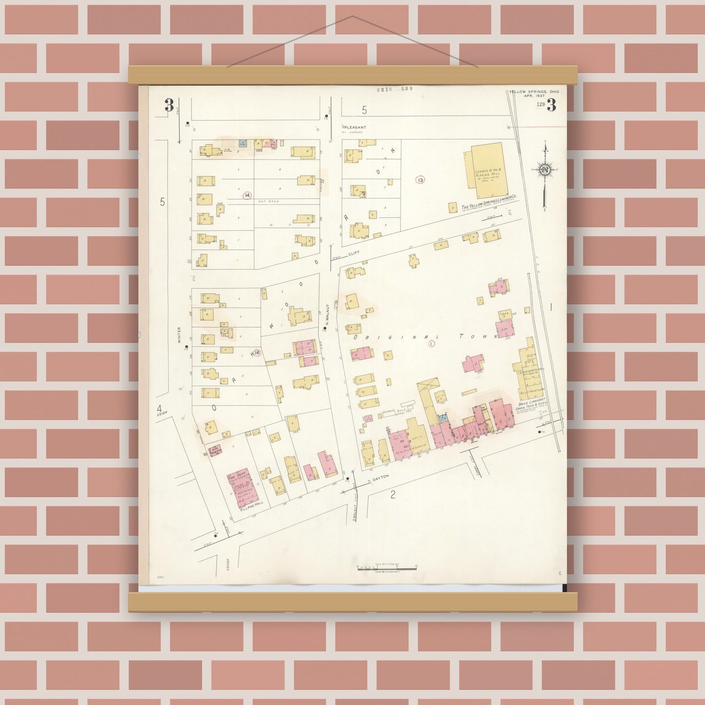 Old map wall art mockup — magnetic wood frame on brick wall — Sanborn Fire Insurance Map from Yellow Springs, Greene County, Ohio (1945), Sheet #0003