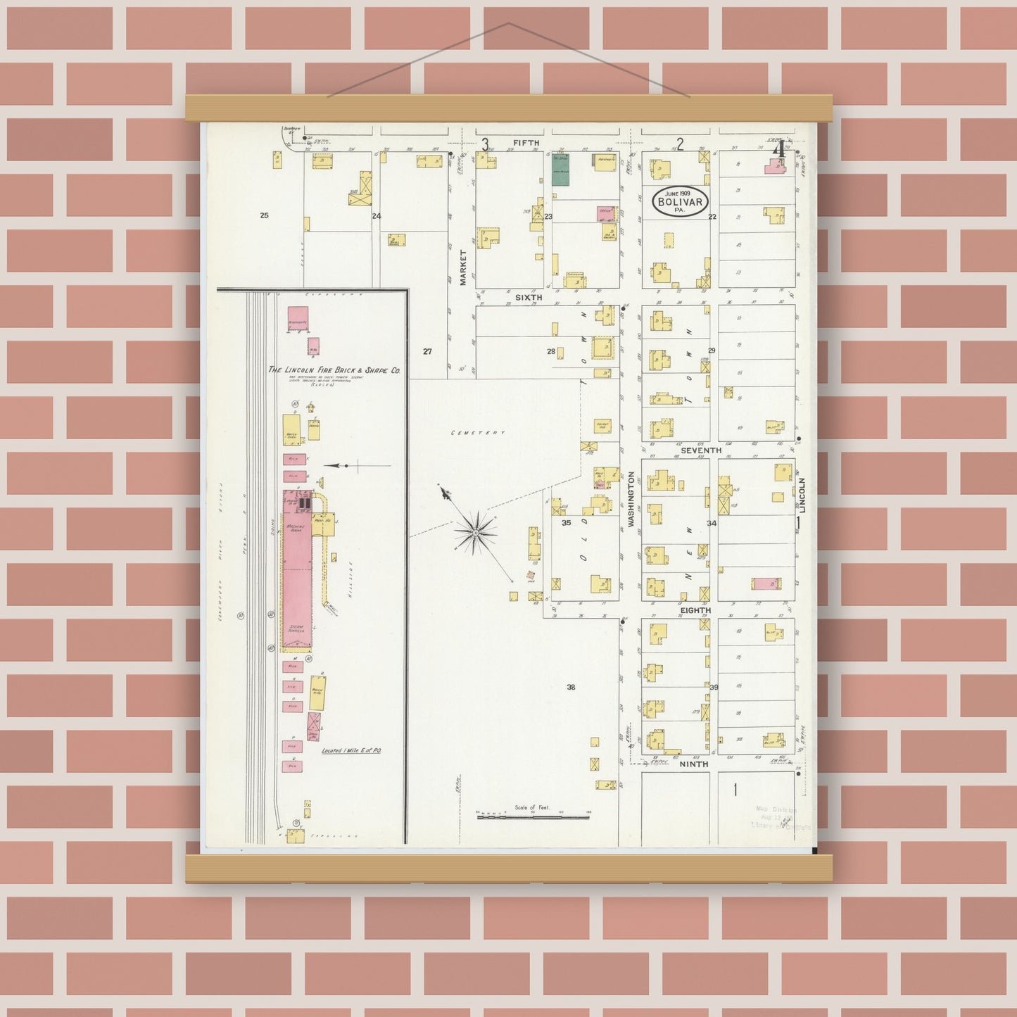 Old map wall art mockup — magnetic wood frame on brick wall — Sanborn Fire Insurance Map from Bolivar, Westmoreland County, Pennsylvania (1909), Sheet #0004