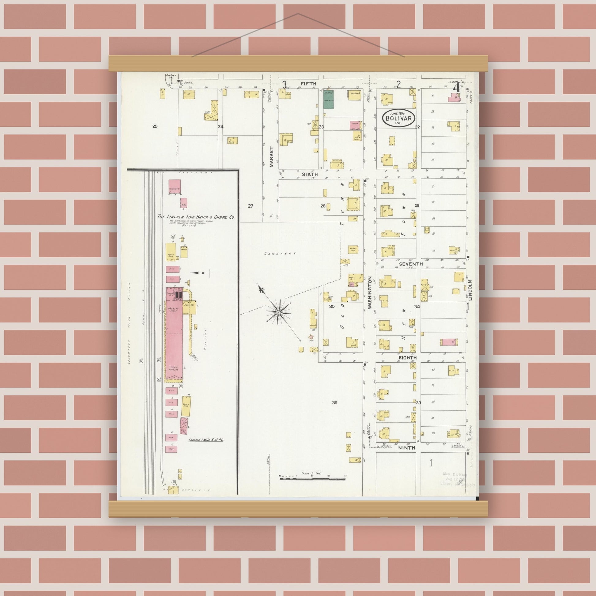 Old map wall art mockup — magnetic wood frame on brick wall — Sanborn Fire Insurance Map from Bolivar, Westmoreland County, Pennsylvania (1909), Sheet #0004