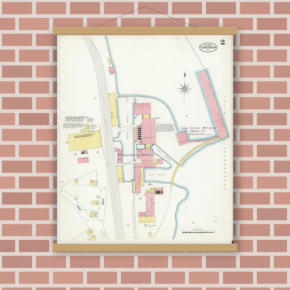 Old map wall art mockup — magnetic wood frame on brick wall — Sanborn Fire Insurance Map from York Haven, York County, Pennsylvania (1908), Sheet #0002