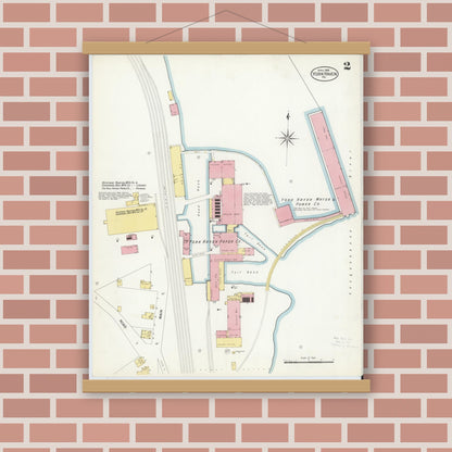 Old map wall art mockup — magnetic wood frame on brick wall — Sanborn Fire Insurance Map from York Haven, York County, Pennsylvania (1908), Sheet #0002