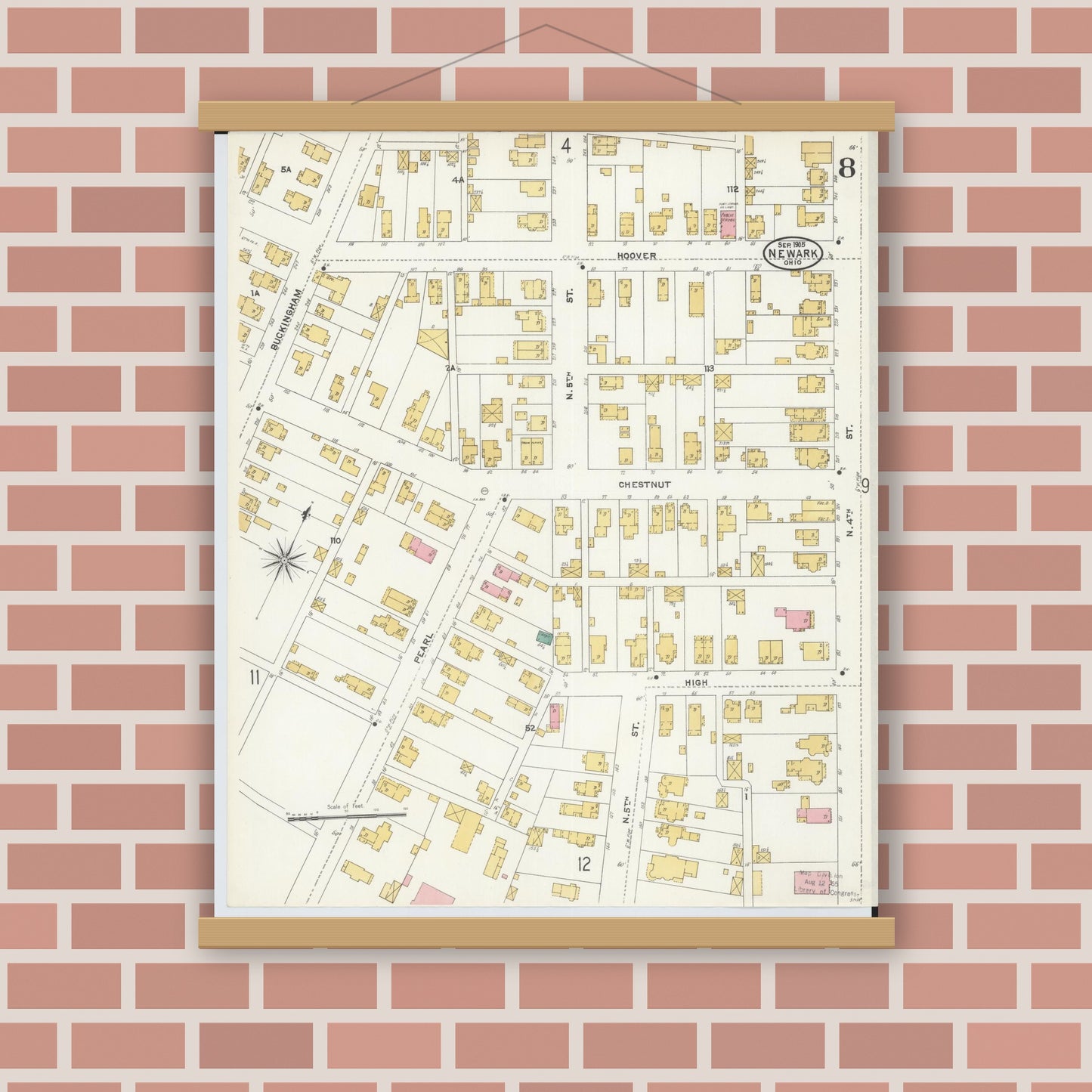 Old map wall art mockup — magnetic wood frame on brick wall — Sanborn Fire Insurance Map from Newark, Licking County, Ohio (1905), Sheet #0008