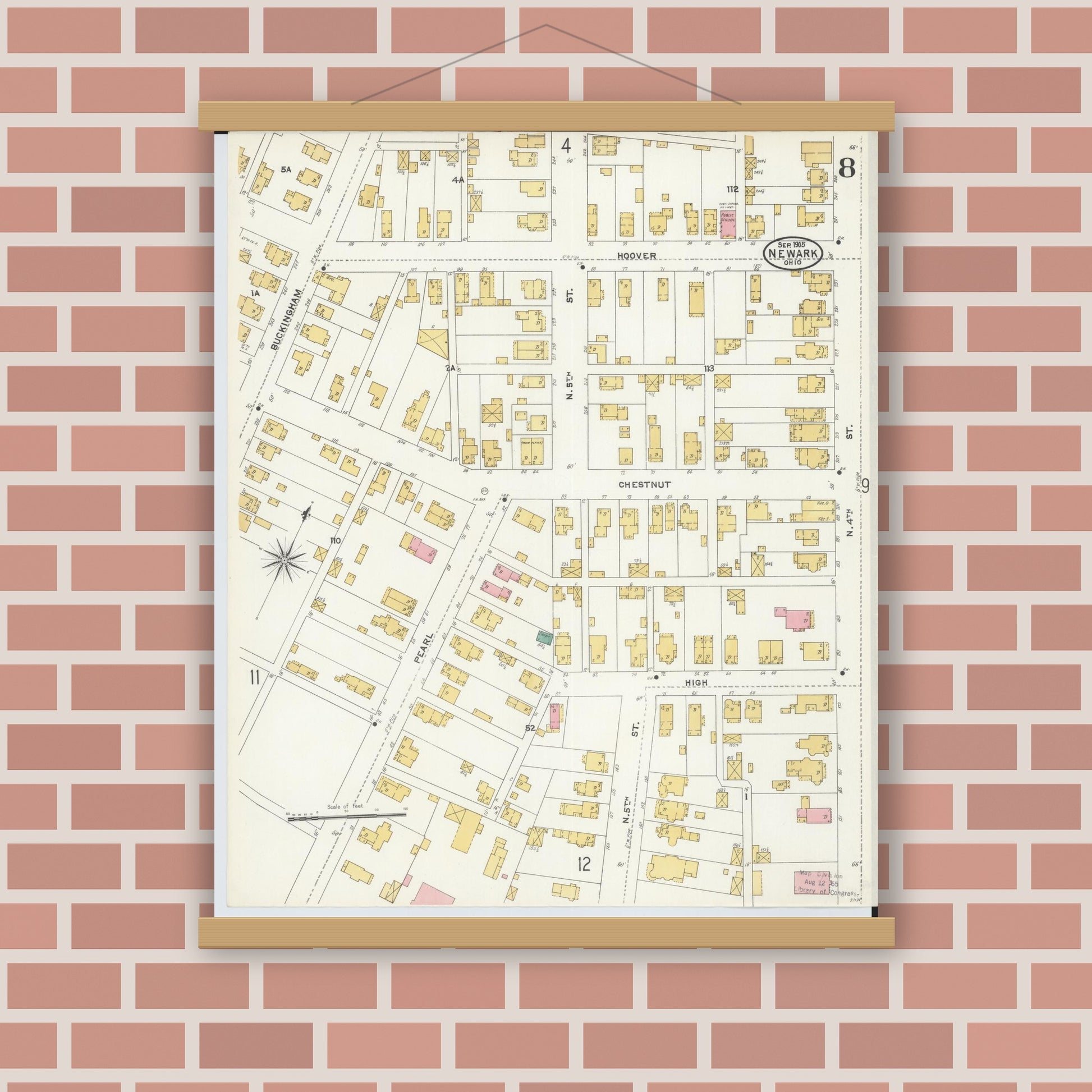 Old map wall art mockup — magnetic wood frame on brick wall — Sanborn Fire Insurance Map from Newark, Licking County, Ohio (1905), Sheet #0008