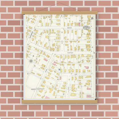 Old map wall art mockup — magnetic wood frame on brick wall — Sanborn Fire Insurance Map from Newark, Licking County, Ohio (1905), Sheet #0008