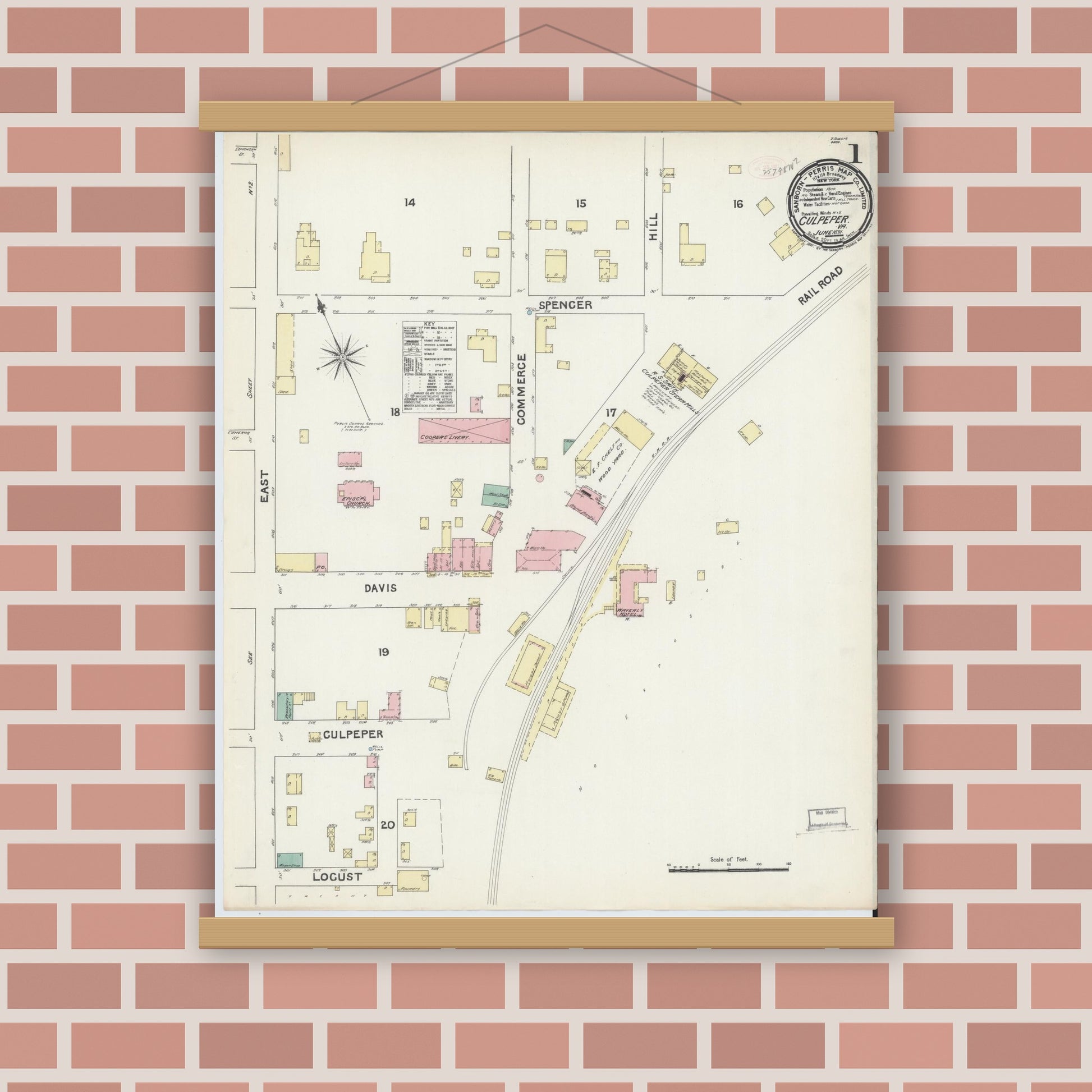 Old map wall art mockup — magnetic wood frame on brick wall — Sanborn Fire Insurance Map from Culpeper, Culpeper County, Virginia (1891) - Complete Map Set