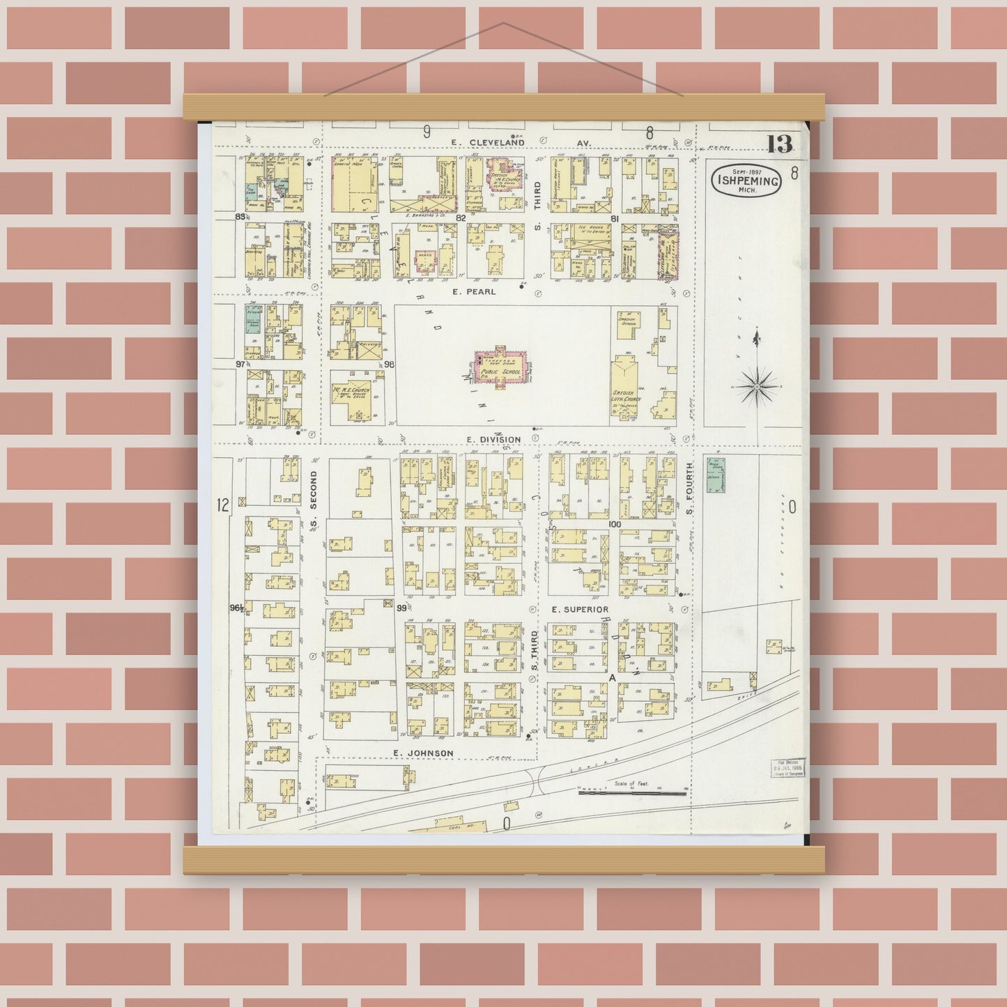 Old map wall art mockup — magnetic wood frame on brick wall — Sanborn Fire Insurance Map from Ishpeming, Marquette County, Michigan (1897), Sheet #0013