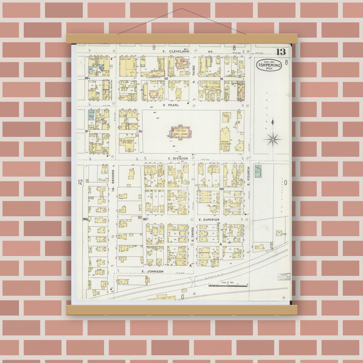 Old map wall art mockup — magnetic wood frame on brick wall — Sanborn Fire Insurance Map from Ishpeming, Marquette County, Michigan (1897), Sheet #0013