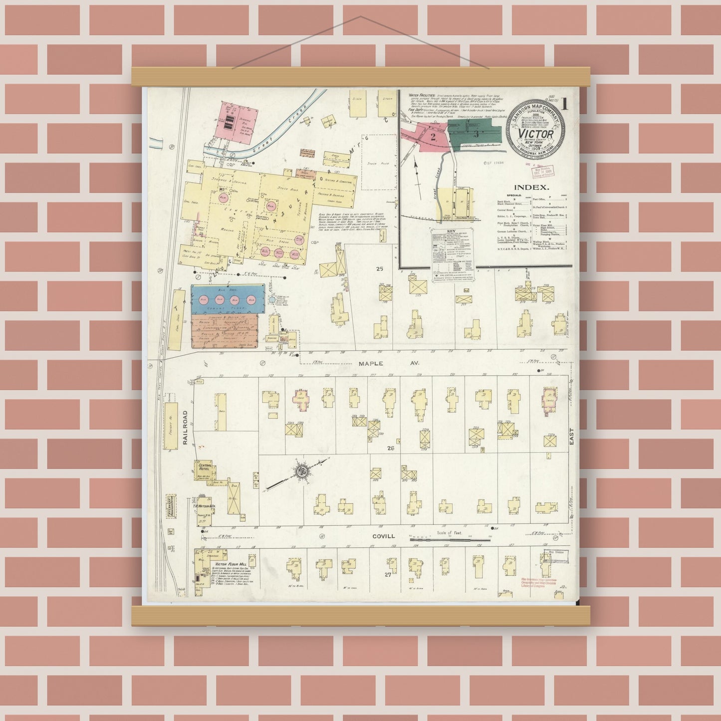 Old map wall art mockup — magnetic wood frame on brick wall — Sanborn Fire Insurance Map from Victor, Ontario County, New York (1909), Sheet #0001