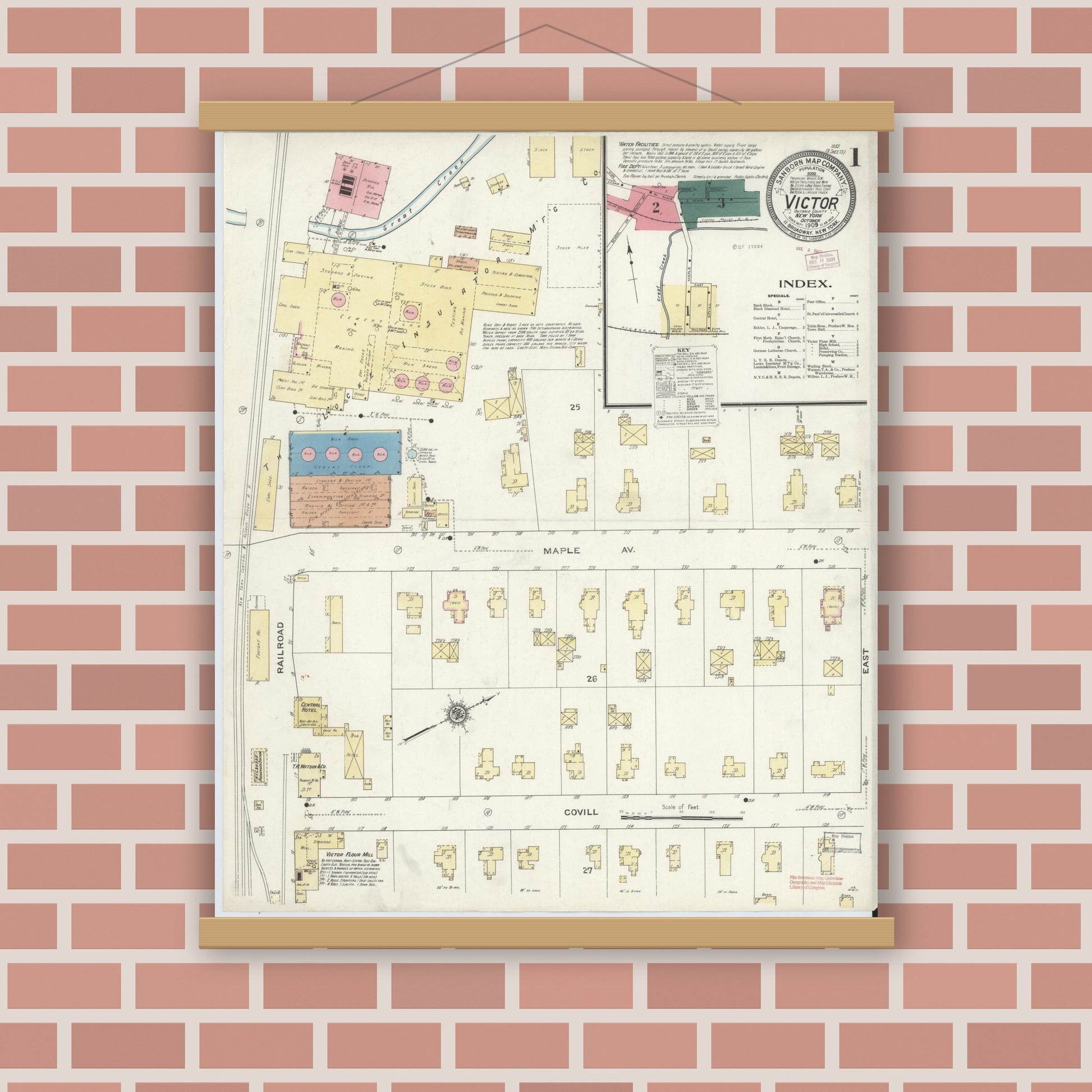 Old map wall art mockup — magnetic wood frame on brick wall — Sanborn Fire Insurance Map from Victor, Ontario County, New York (1909), Sheet #0001