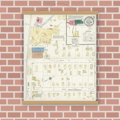 Old map wall art mockup — magnetic wood frame on brick wall — Sanborn Fire Insurance Map from Victor, Ontario County, New York (1909), Sheet #0001
