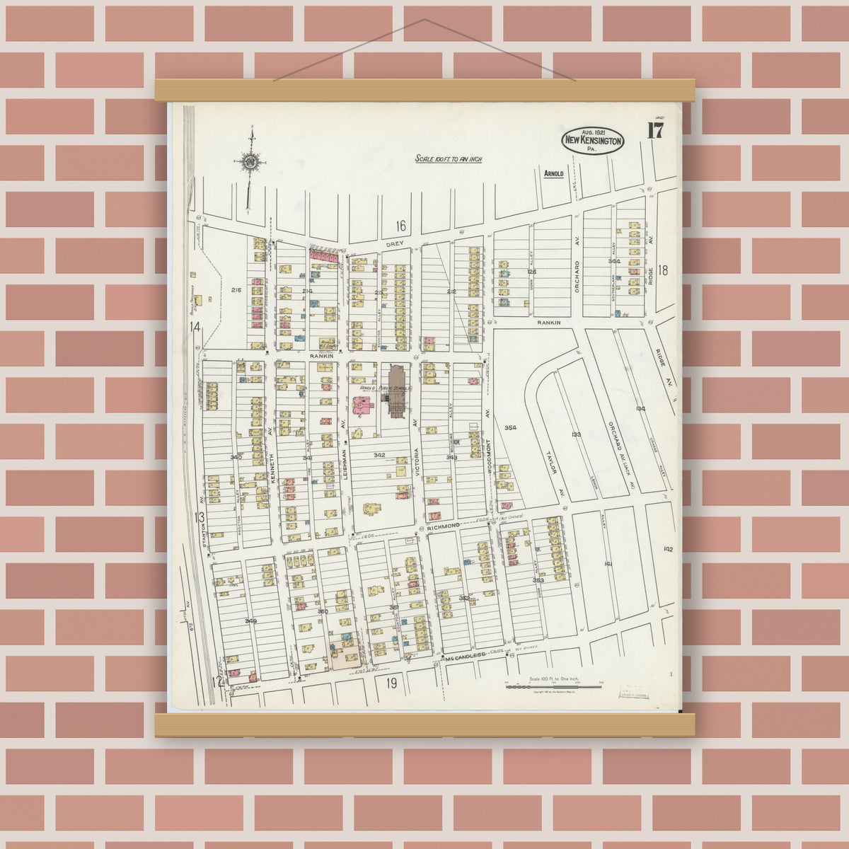 Old map wall art mockup — magnetic wood frame on brick wall — Sanborn Fire Insurance Map from New Kensington, Westmoreland County, Pennsylvania (1921), Sheet #0017
