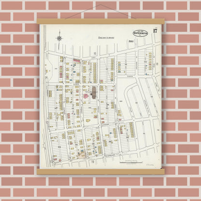 Old map wall art mockup — magnetic wood frame on brick wall — Sanborn Fire Insurance Map from New Kensington, Westmoreland County, Pennsylvania (1921), Sheet #0017