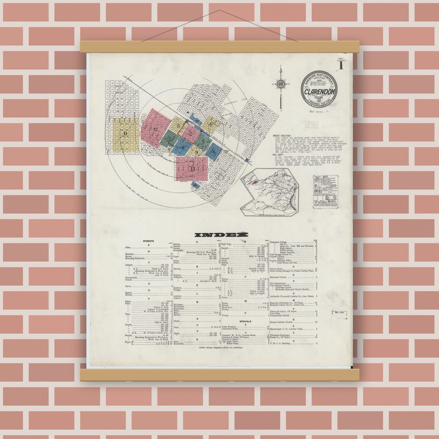 Old map wall art mockup — magnetic wood frame on brick wall — Sanborn Fire Insurance Map from Clarendon, Donley County, Texas (1921), Sheet #0001