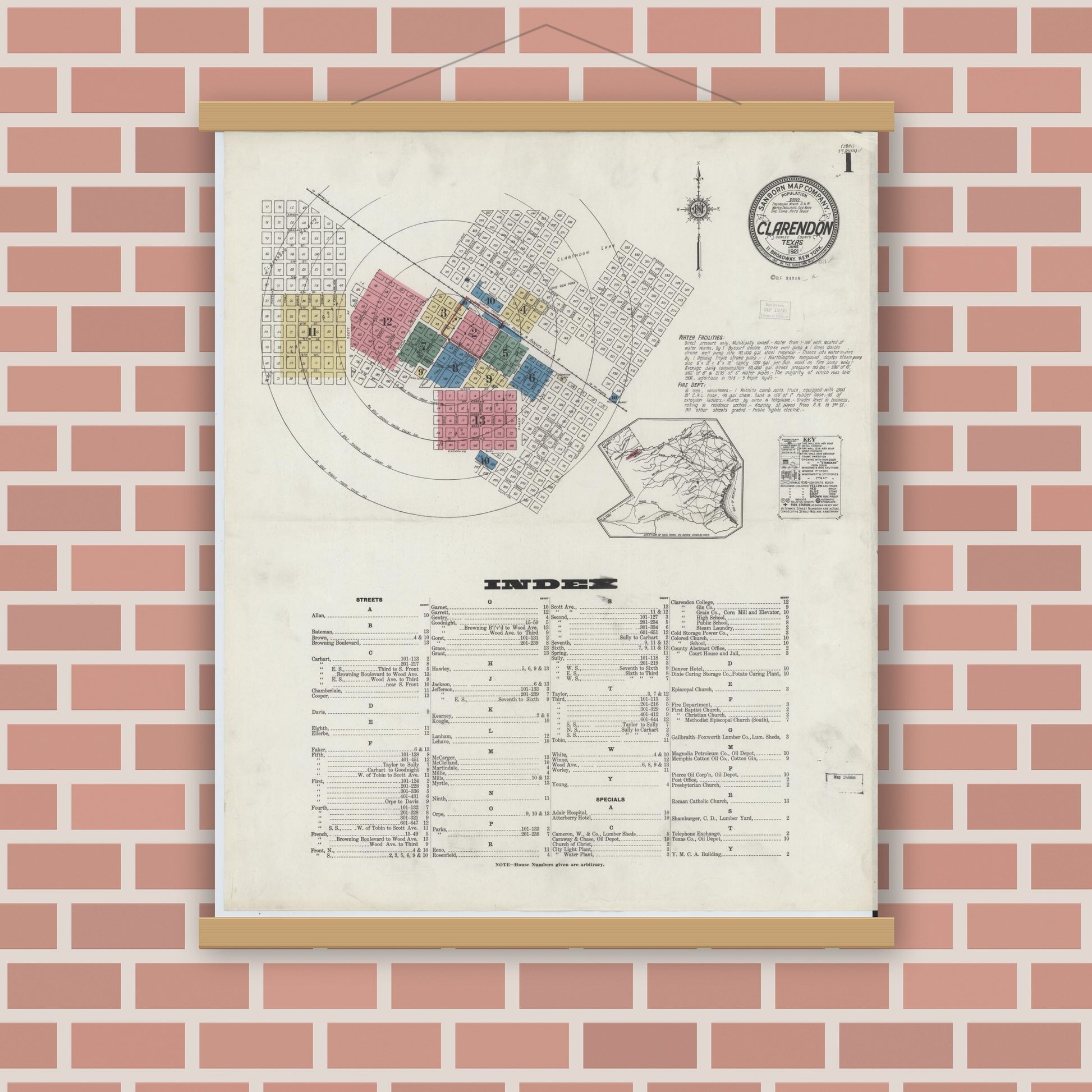 Old map wall art mockup — magnetic wood frame on brick wall — Sanborn Fire Insurance Map from Clarendon, Donley County, Texas (1921), Sheet #0001