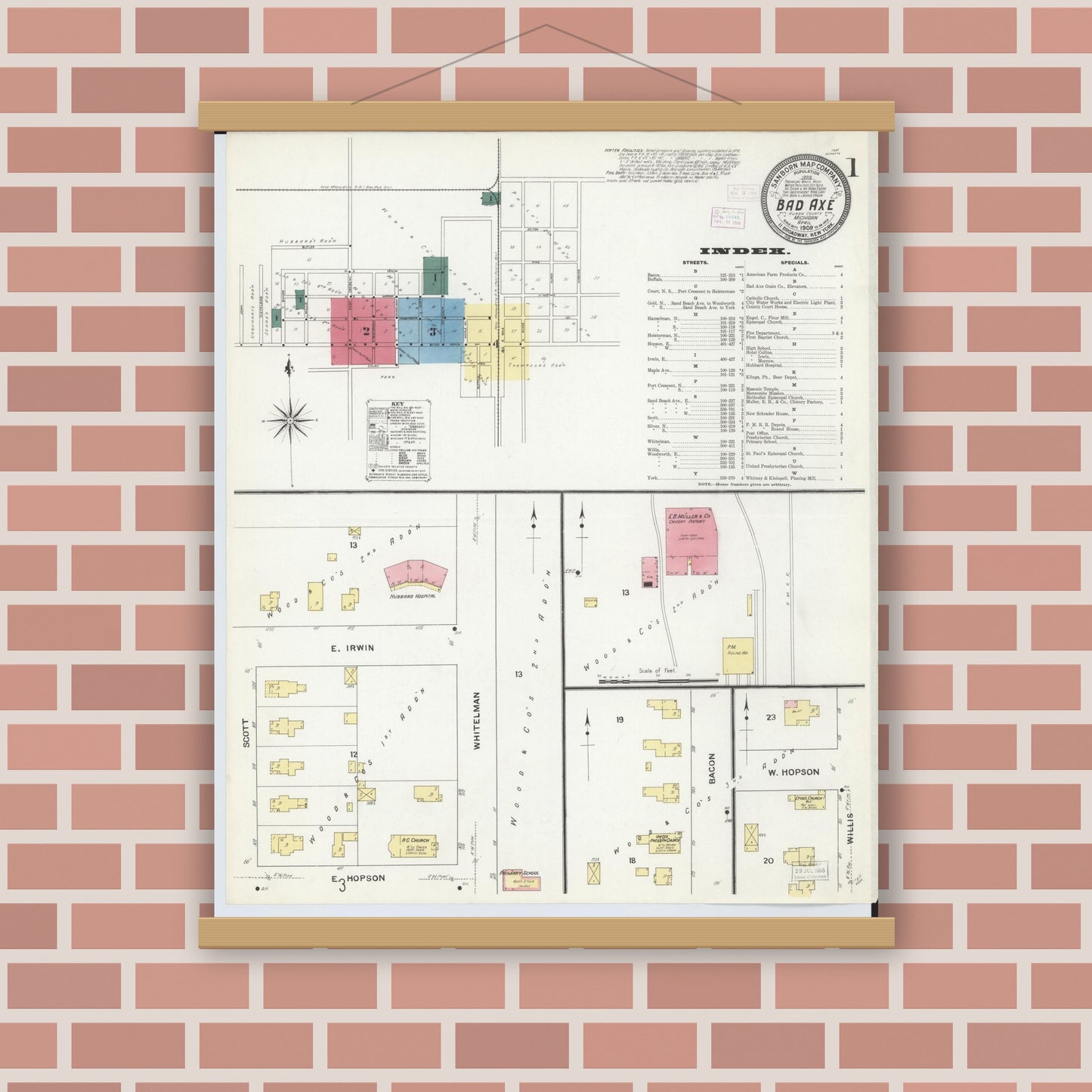 Old map wall art mockup — magnetic wood frame on brick wall — Sanborn Fire Insurance Map from Bad Axe, Huron County, Michigan (1909) - Complete Map Set