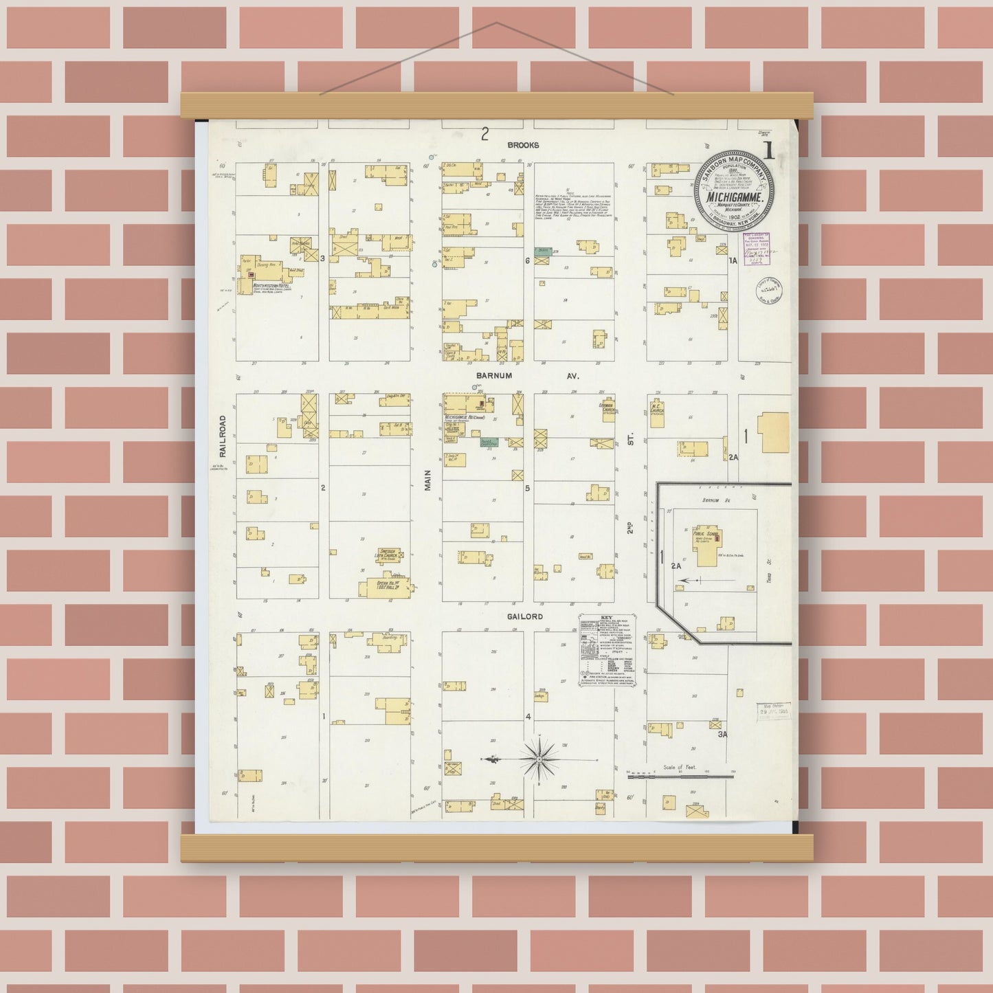 Old map wall art mockup — magnetic wood frame on brick wall — Sanborn Fire Insurance Map from Michigamme, Marquette County, Michigan (1902) - Complete Map Set