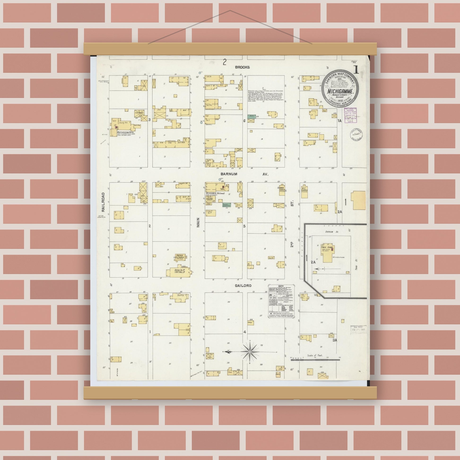 Old map wall art mockup — magnetic wood frame on brick wall — Sanborn Fire Insurance Map from Michigamme, Marquette County, Michigan (1902) - Complete Map Set