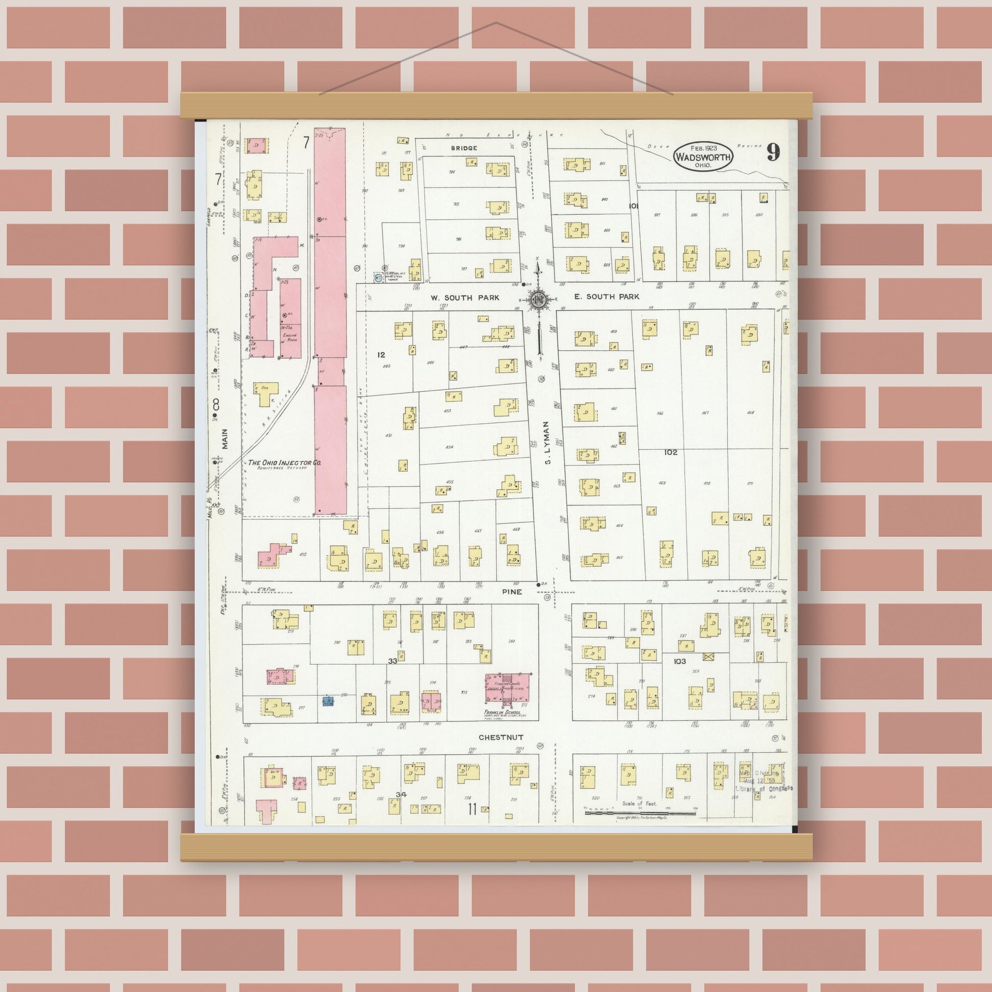 Old map wall art mockup — magnetic wood frame on brick wall — Sanborn Fire Insurance Map from Wadsworth, Medina County, Ohio (1923), Sheet #0009