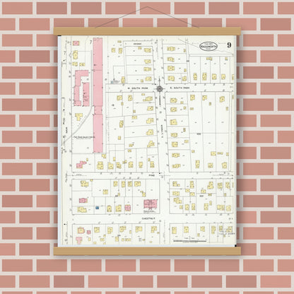 Old map wall art mockup — magnetic wood frame on brick wall — Sanborn Fire Insurance Map from Wadsworth, Medina County, Ohio (1923), Sheet #0009