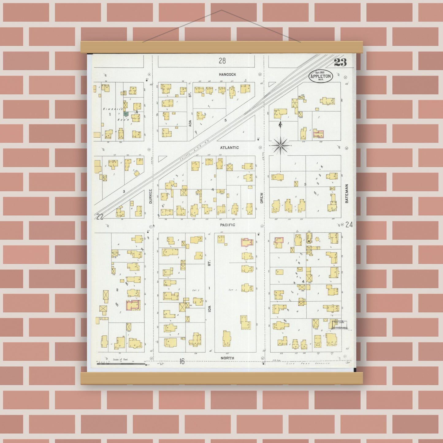 Old map wall art mockup — magnetic wood frame on brick wall — Sanborn Fire Insurance Map from Appleton, Outagamie County, Wisconsin (1901), Sheet #0023