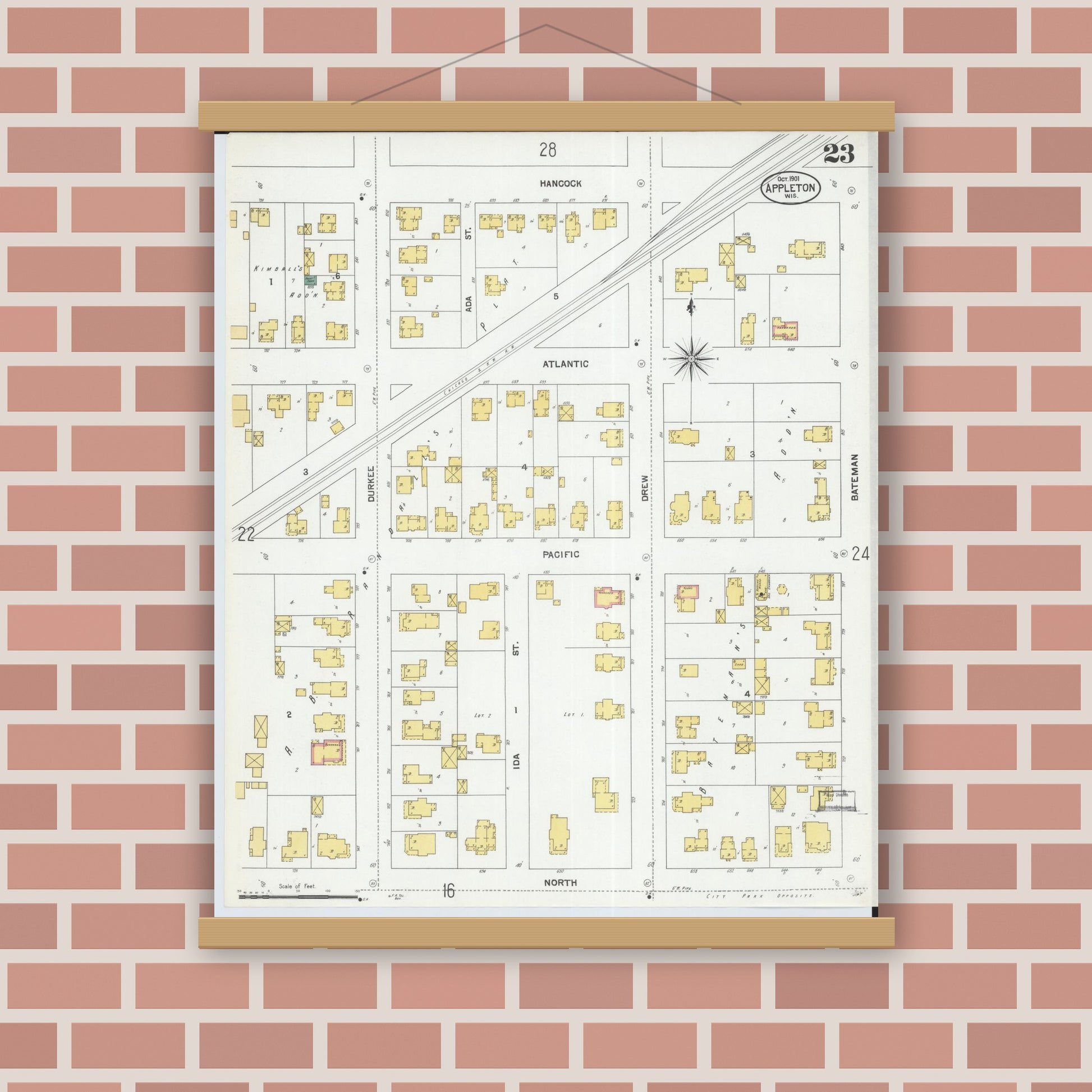 Old map wall art mockup — magnetic wood frame on brick wall — Sanborn Fire Insurance Map from Appleton, Outagamie County, Wisconsin (1901), Sheet #0023