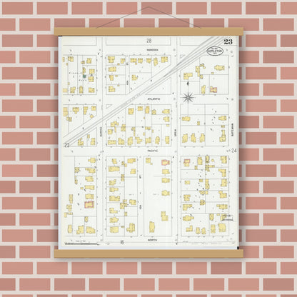 Old map wall art mockup — magnetic wood frame on brick wall — Sanborn Fire Insurance Map from Appleton, Outagamie County, Wisconsin (1901), Sheet #0023