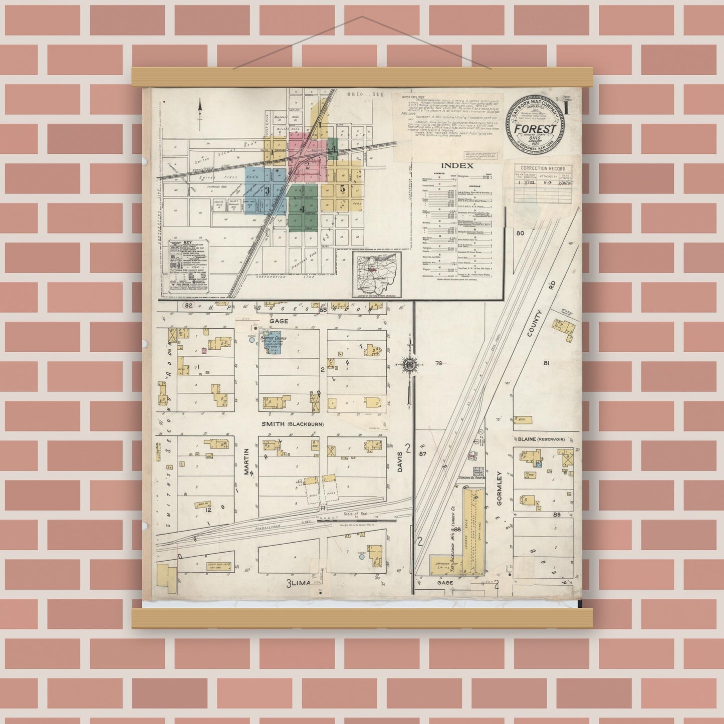 Old map wall art mockup — magnetic wood frame on brick wall — Sanborn Fire Insurance Map from Forest, Hardin County, Ohio (1932) - Complete Map Set