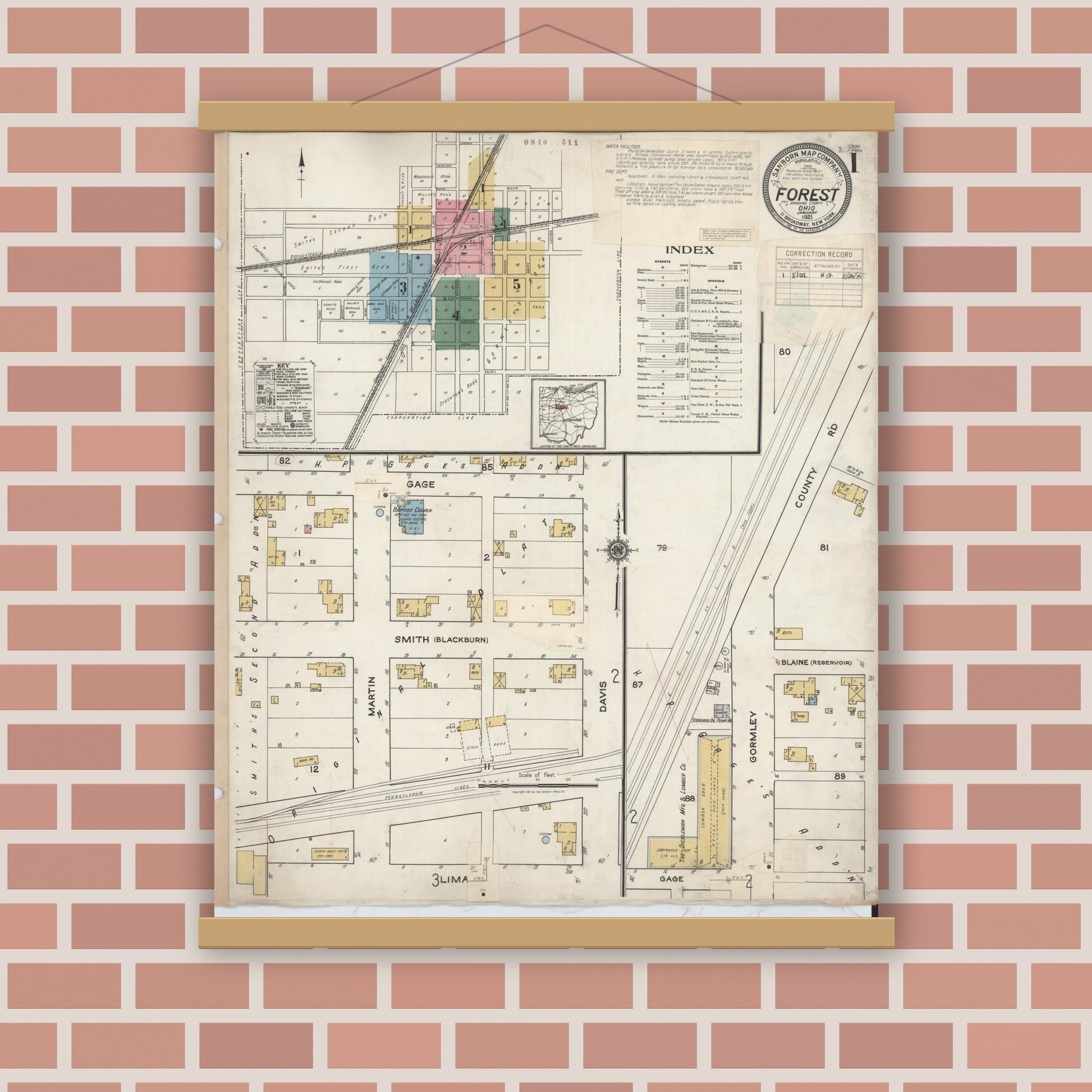 Old map wall art mockup — magnetic wood frame on brick wall — Sanborn Fire Insurance Map from Forest, Hardin County, Ohio (1932) - Complete Map Set