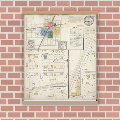 Old map wall art mockup — magnetic wood frame on brick wall — Sanborn Fire Insurance Map from Forest, Hardin County, Ohio (1932) - Complete Map Set