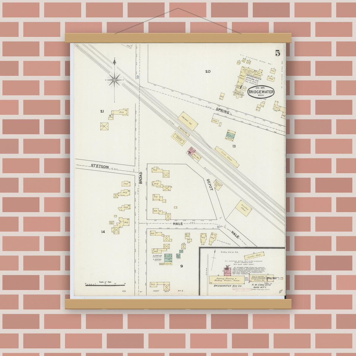 Old map wall art mockup — magnetic wood frame on brick wall — Sanborn Fire Insurance Map from Bridgewater, Plymouth County, Massachusetts (1891), Sheet #0005