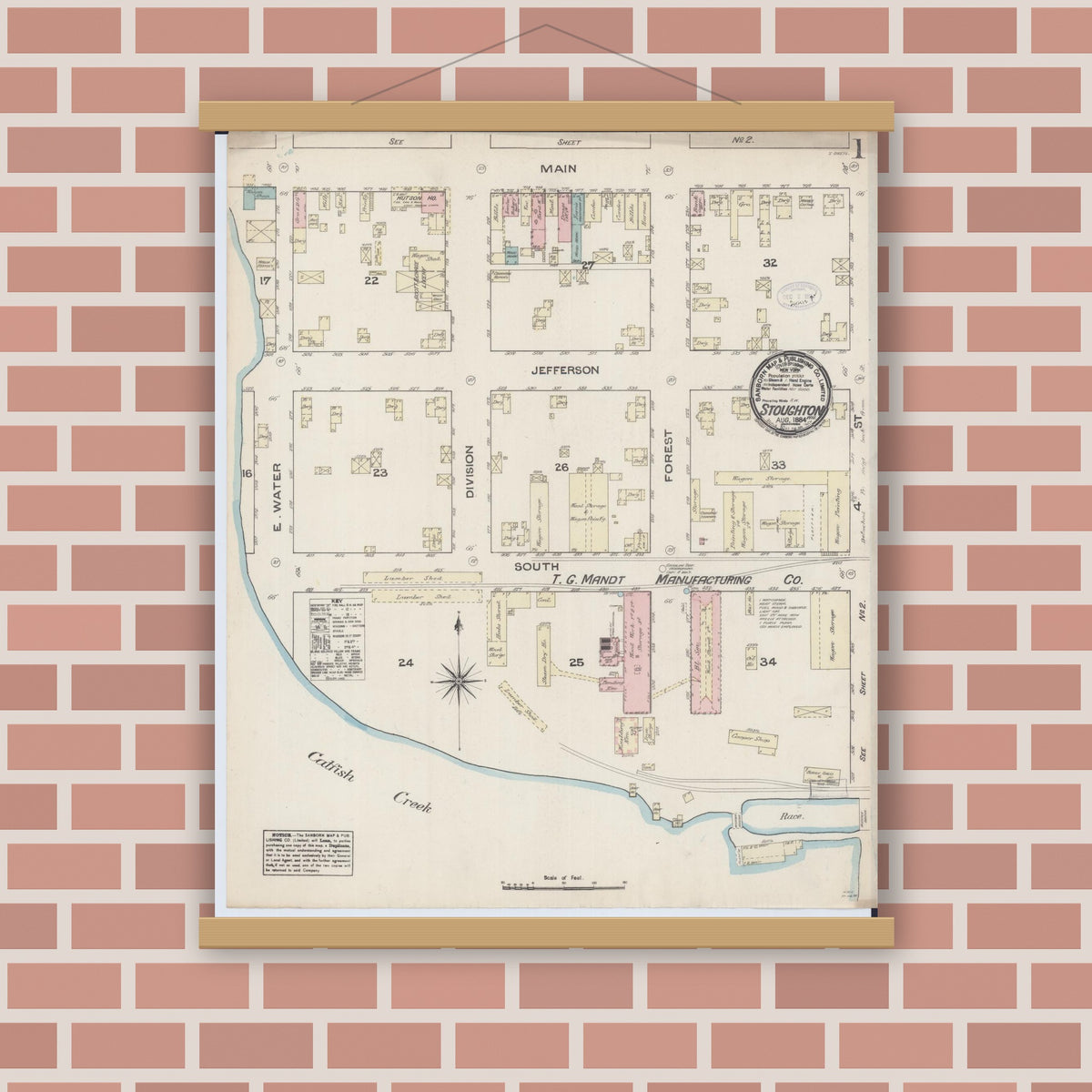 Old map wall art mockup — magnetic wood frame on brick wall — Sanborn Fire Insurance Map from Stoughton, Dane County, Wisconsin (1884) - Complete Map Set