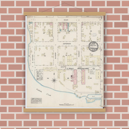 Old map wall art mockup — magnetic wood frame on brick wall — Sanborn Fire Insurance Map from Stoughton, Dane County, Wisconsin (1884) - Complete Map Set