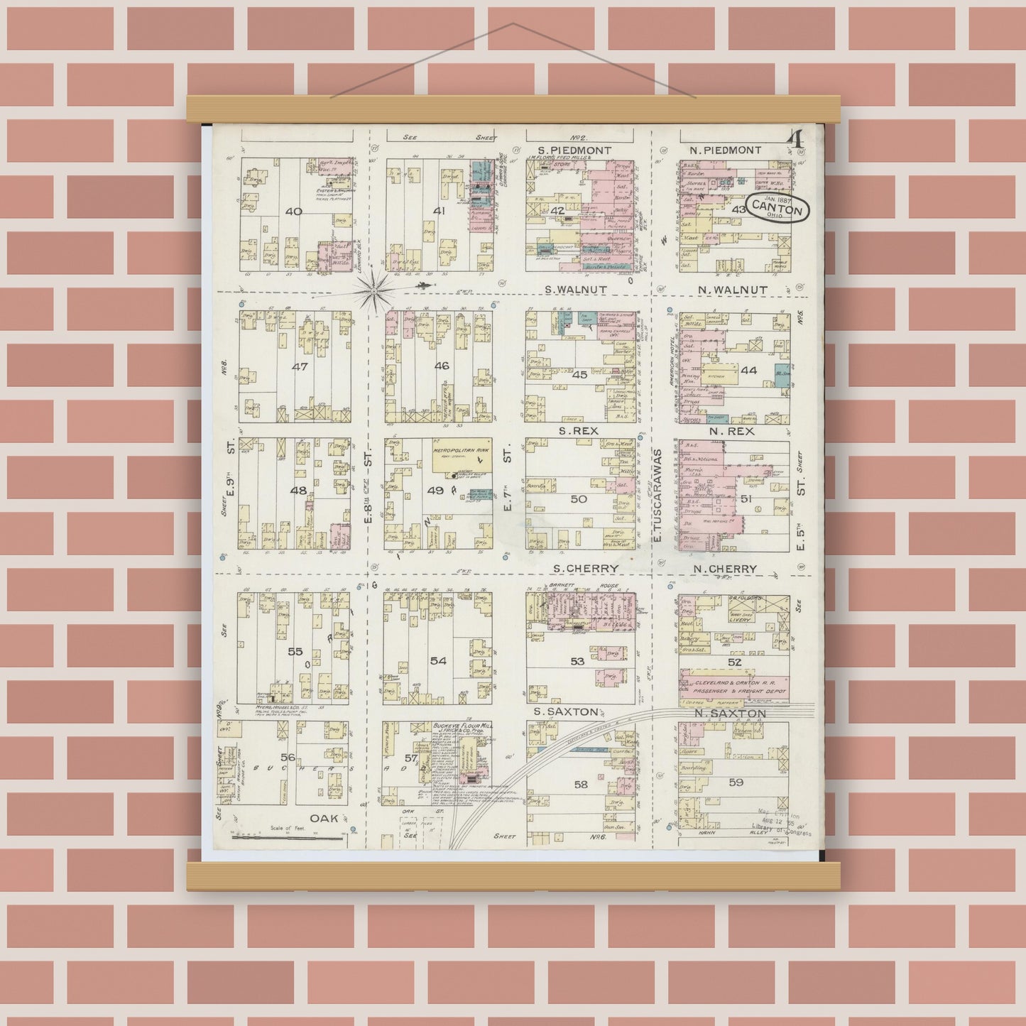 Old map wall art mockup — magnetic wood frame on brick wall — Sanborn Fire Insurance Map from Canton, Stark County, Ohio (1887), Sheet #0004