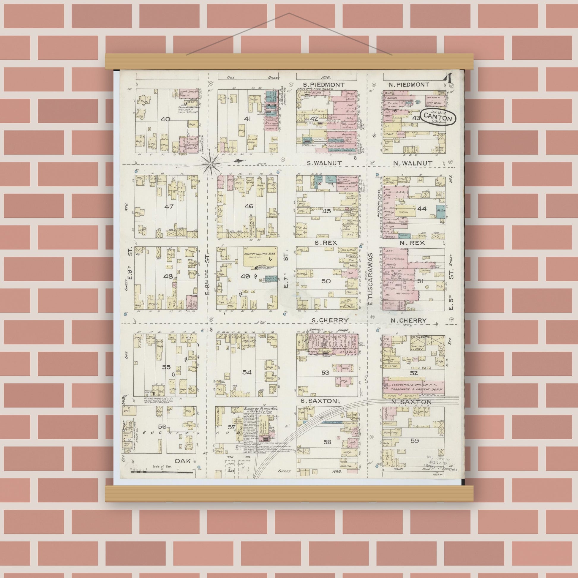 Old map wall art mockup — magnetic wood frame on brick wall — Sanborn Fire Insurance Map from Canton, Stark County, Ohio (1887), Sheet #0004