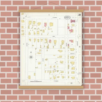 Old map wall art mockup — magnetic wood frame on brick wall — Sanborn Fire Insurance Map from Gainesville, Cooke County, Texas (1908), Sheet #0018