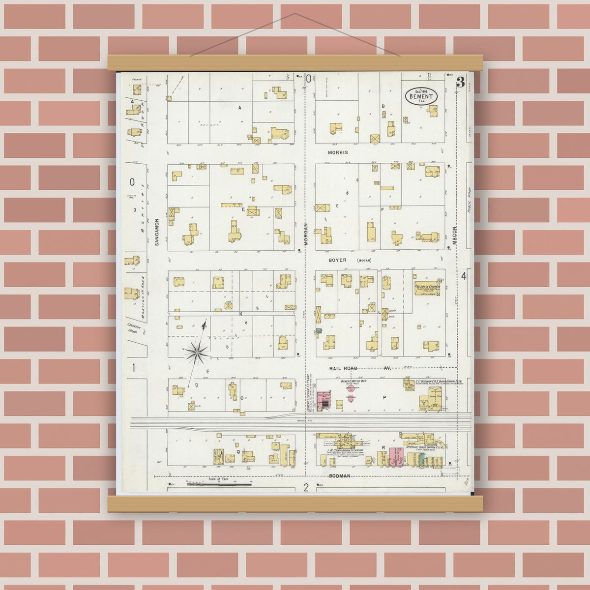 Old map wall art mockup — magnetic wood frame on brick wall — Sanborn Fire Insurance Map from Bement, Piatt County, Illinois (1898), Sheet #0003