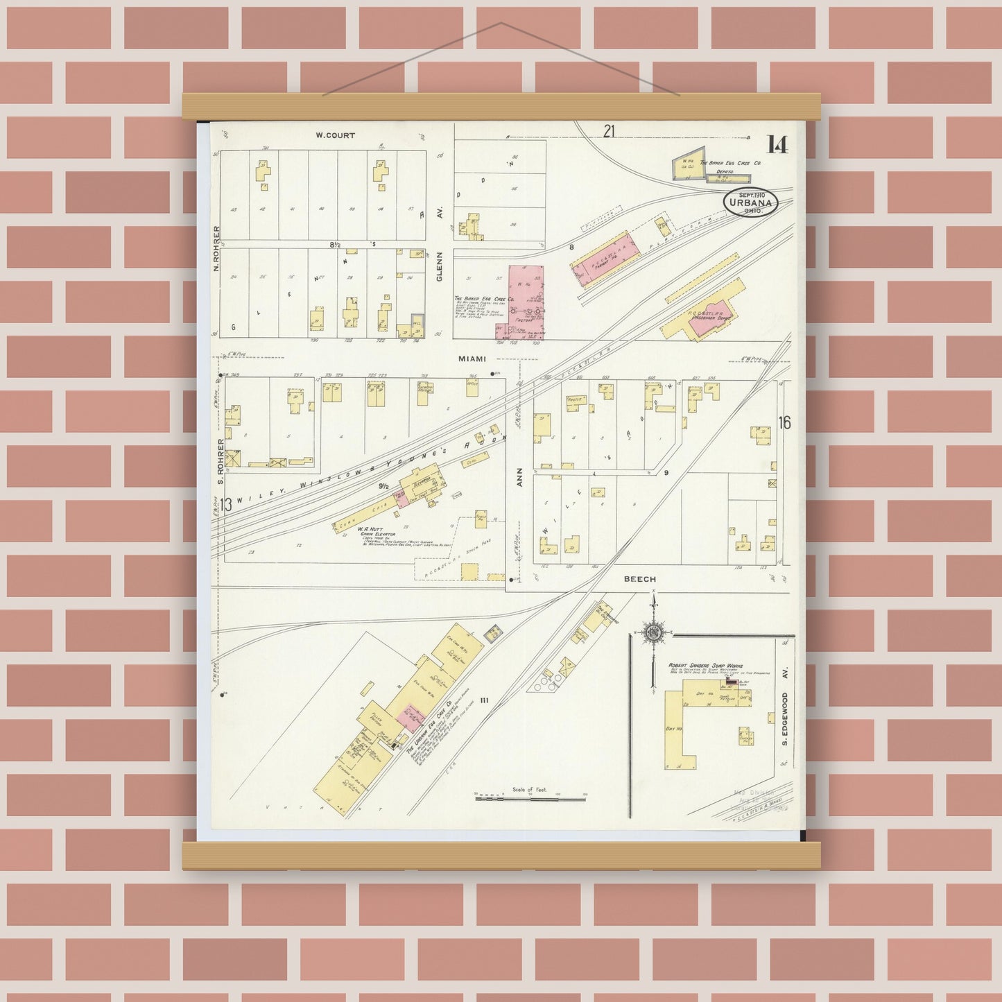 Old map wall art mockup — magnetic wood frame on brick wall — Sanborn Fire Insurance Map from Urbana, Champaign County, Ohio (1910), Sheet #0014