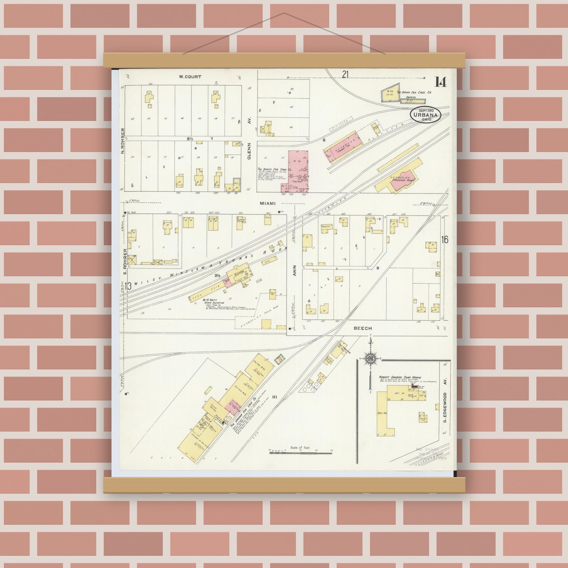 Old map wall art mockup — magnetic wood frame on brick wall — Sanborn Fire Insurance Map from Urbana, Champaign County, Ohio (1910), Sheet #0014