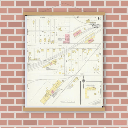 Old map wall art mockup — magnetic wood frame on brick wall — Sanborn Fire Insurance Map from Urbana, Champaign County, Ohio (1910), Sheet #0014