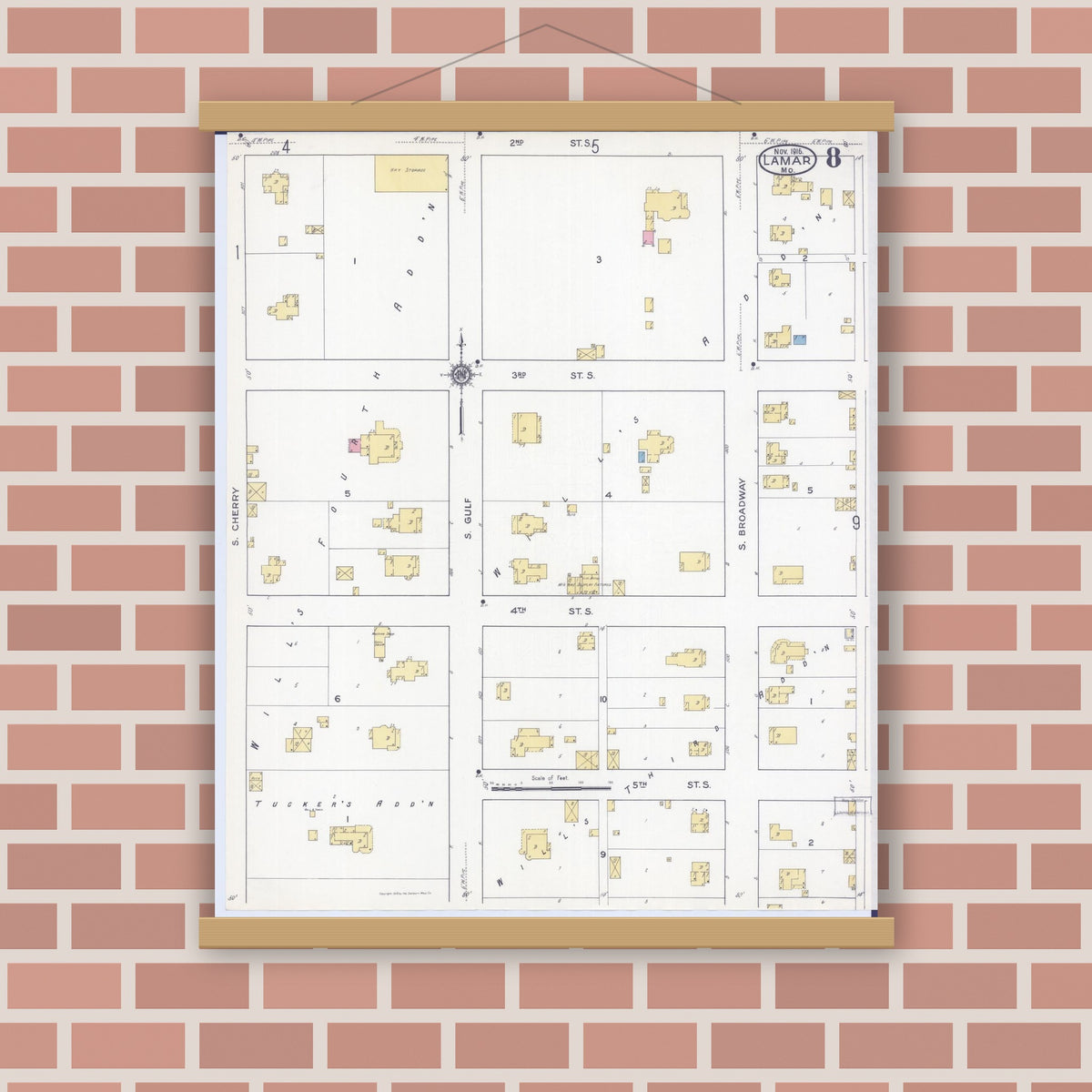 Old map wall art mockup — magnetic wood frame on brick wall — Sanborn Fire Insurance Map from Lamar, Barton County, Missouri (1916), Sheet #0008